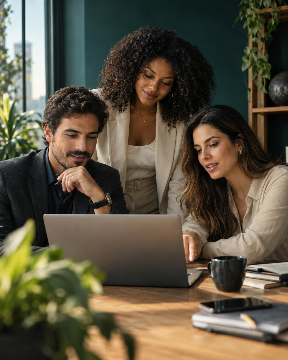 Equipe trabalhando em conjunto e consultando informações no notebook.